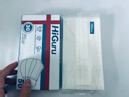 HiGuru Disposable Face Mask, 3-Layer Protection, 50 Pcs Individually Wrapped, Filtration Efficiency ≥95%, Skin-Friendly, Adult Universal, Multi-Scene Protection