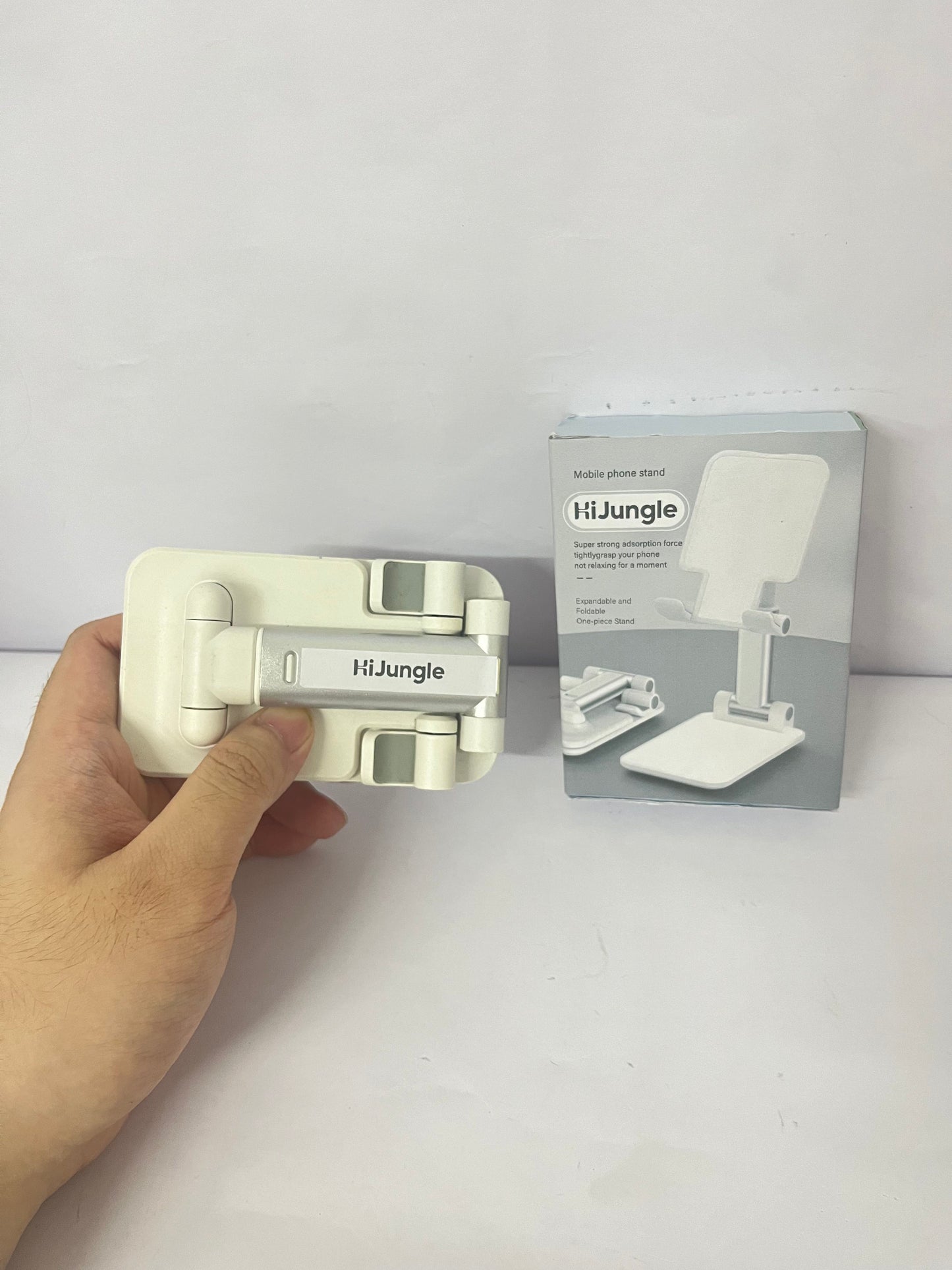 HiJungle Adjustable Cell Phone Stands for Desk, Aluminum Folding Phone Holder with Stable Base and Charging Port for 4-12.9 Inches Smart Phone, Tablet (White)