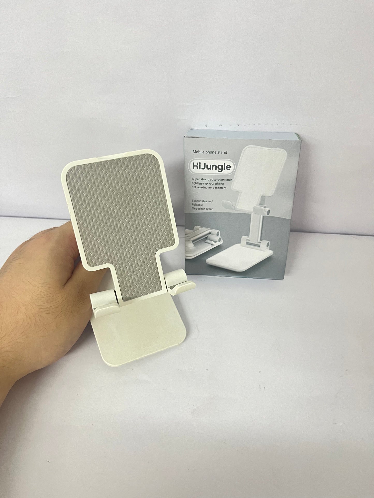 HiJungle Adjustable Cell Phone Stands for Desk, Aluminum Folding Phone Holder with Stable Base and Charging Port for 4-12.9 Inches Smart Phone, Tablet (White)