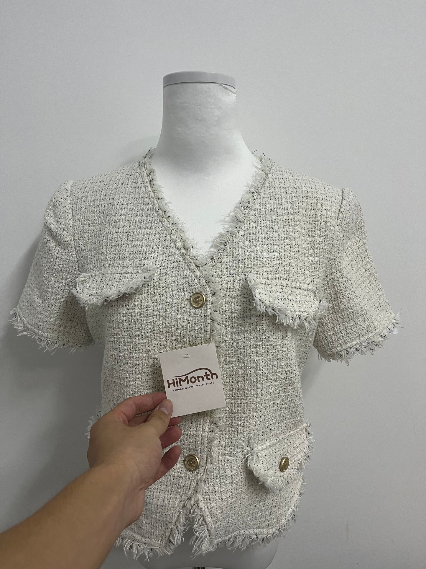 HiMonth LifeShe Puff Short Sleeve Tweed Jacket Women Cropped Jackets Summer Open Front Office Work Blazer Coat