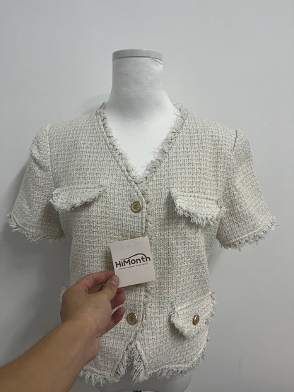 HiMonth LifeShe Puff Short Sleeve Tweed Jacket Women Cropped Jackets Summer Open Front Office Work Blazer Coat