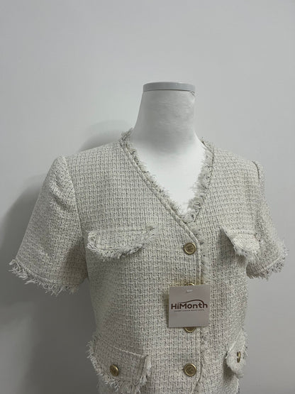 HiMonth LifeShe Puff Short Sleeve Tweed Jacket Women Cropped Jackets Summer Open Front Office Work Blazer Coat