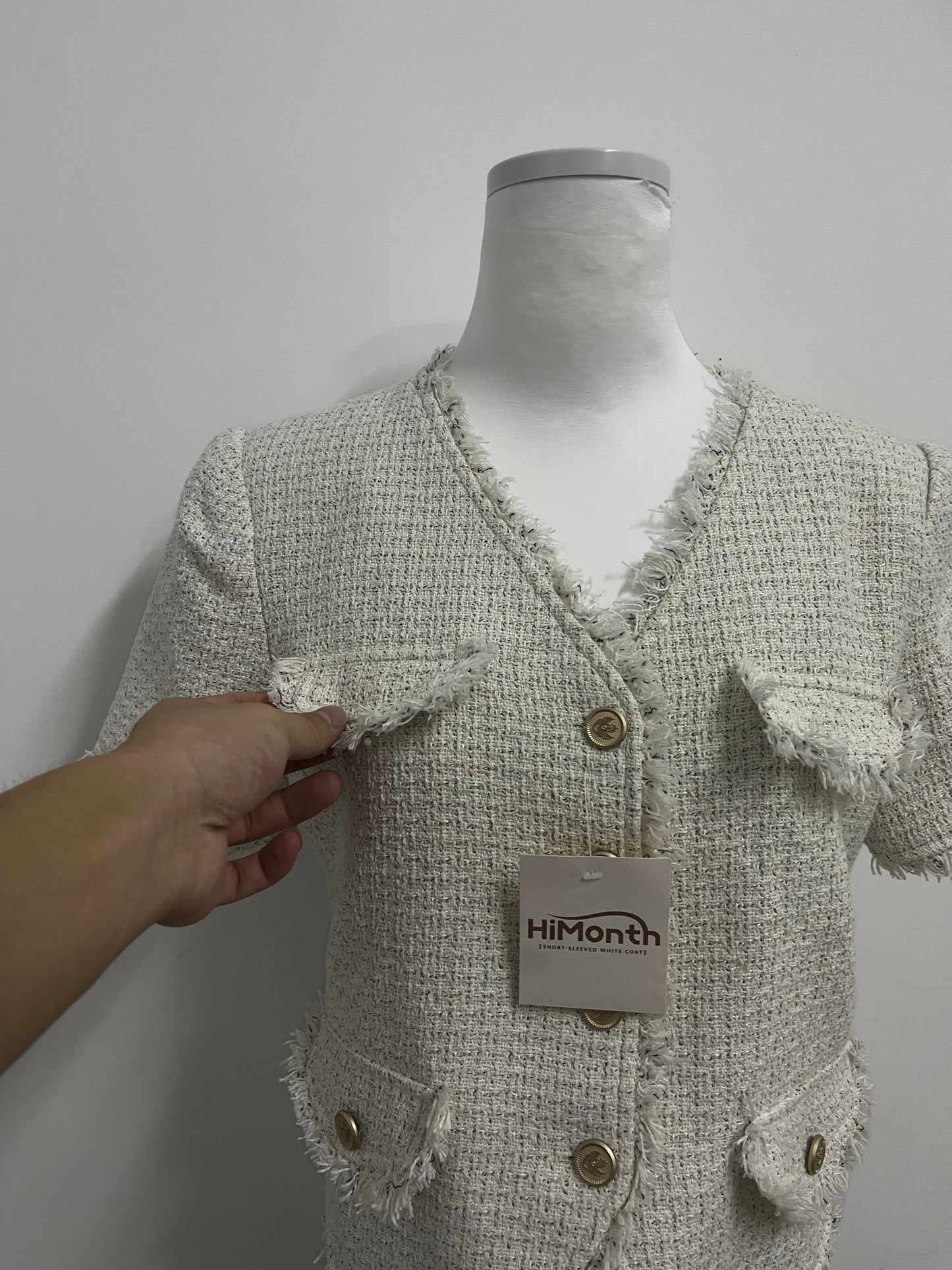 HiMonth LifeShe Puff Short Sleeve Tweed Jacket Women Cropped Jackets Summer Open Front Office Work Blazer Coat