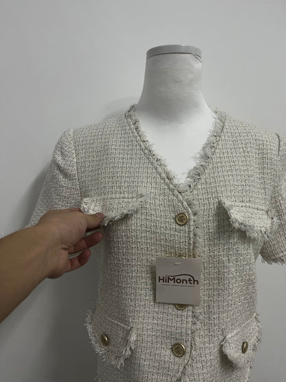 HiMonth LifeShe Puff Short Sleeve Tweed Jacket Women Cropped Jackets Summer Open Front Office Work Blazer Coat