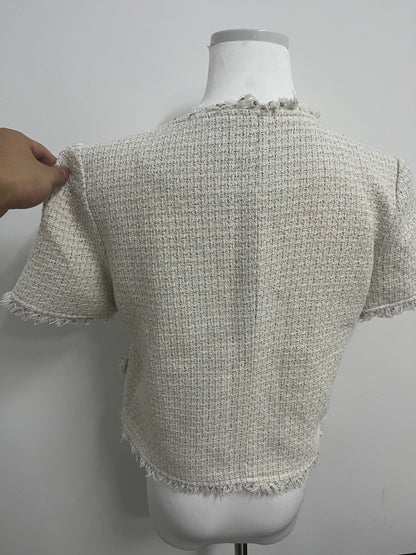 HiMonth LifeShe Puff Short Sleeve Tweed Jacket Women Cropped Jackets Summer Open Front Office Work Blazer Coat