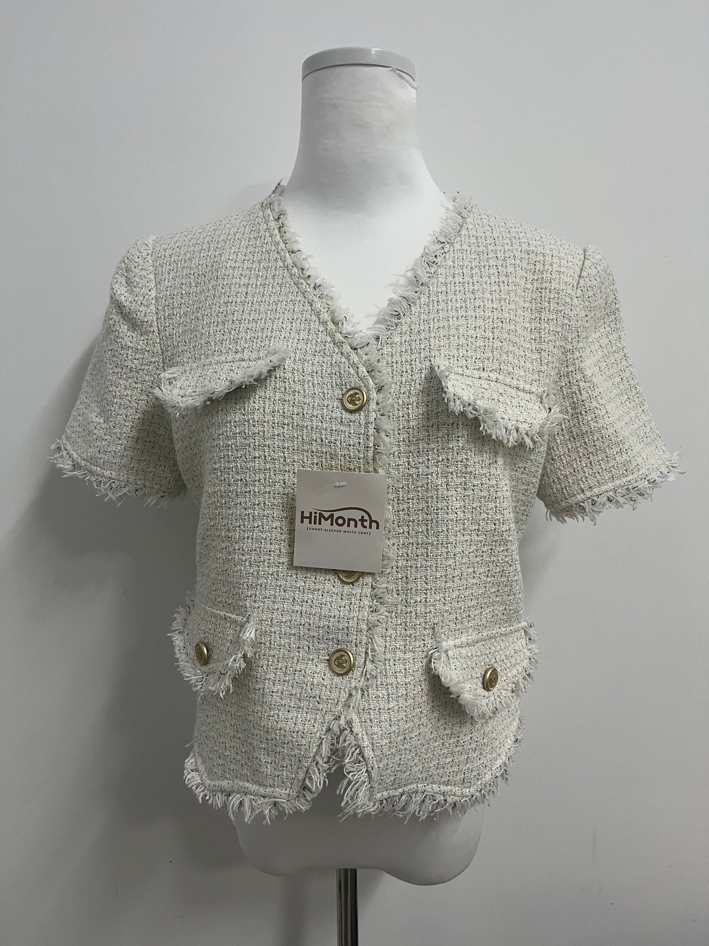HiMonth LifeShe Puff Short Sleeve Tweed Jacket Women Cropped Jackets Summer Open Front Office Work Blazer Coat