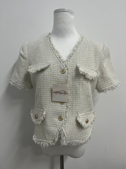 HiMonth LifeShe Puff Short Sleeve Tweed Jacket Women Cropped Jackets Summer Open Front Office Work Blazer Coat