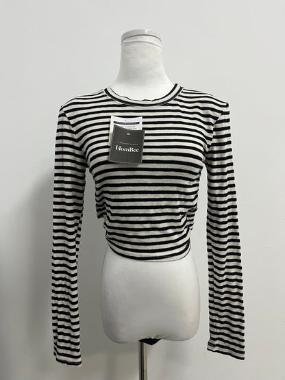 HomBee Tops as clothing Women's Striped Cropped Long-Sleeve Top Retro Stylish Slim-Fitting Versatile Item