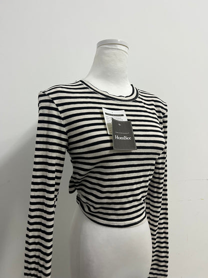 HomBee Tops as clothing Women's Striped Cropped Long-Sleeve Top Retro Stylish Slim-Fitting Versatile Item