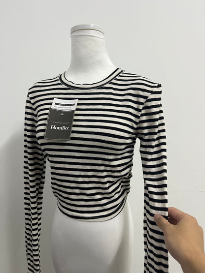 HomBee Tops as clothing Women's Striped Cropped Long-Sleeve Top Retro Stylish Slim-Fitting Versatile Item