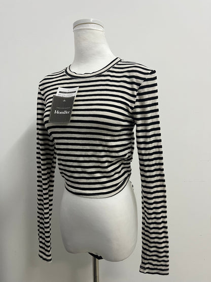 HomBee Tops as clothing Women's Striped Cropped Long-Sleeve Top Retro Stylish Slim-Fitting Versatile Item