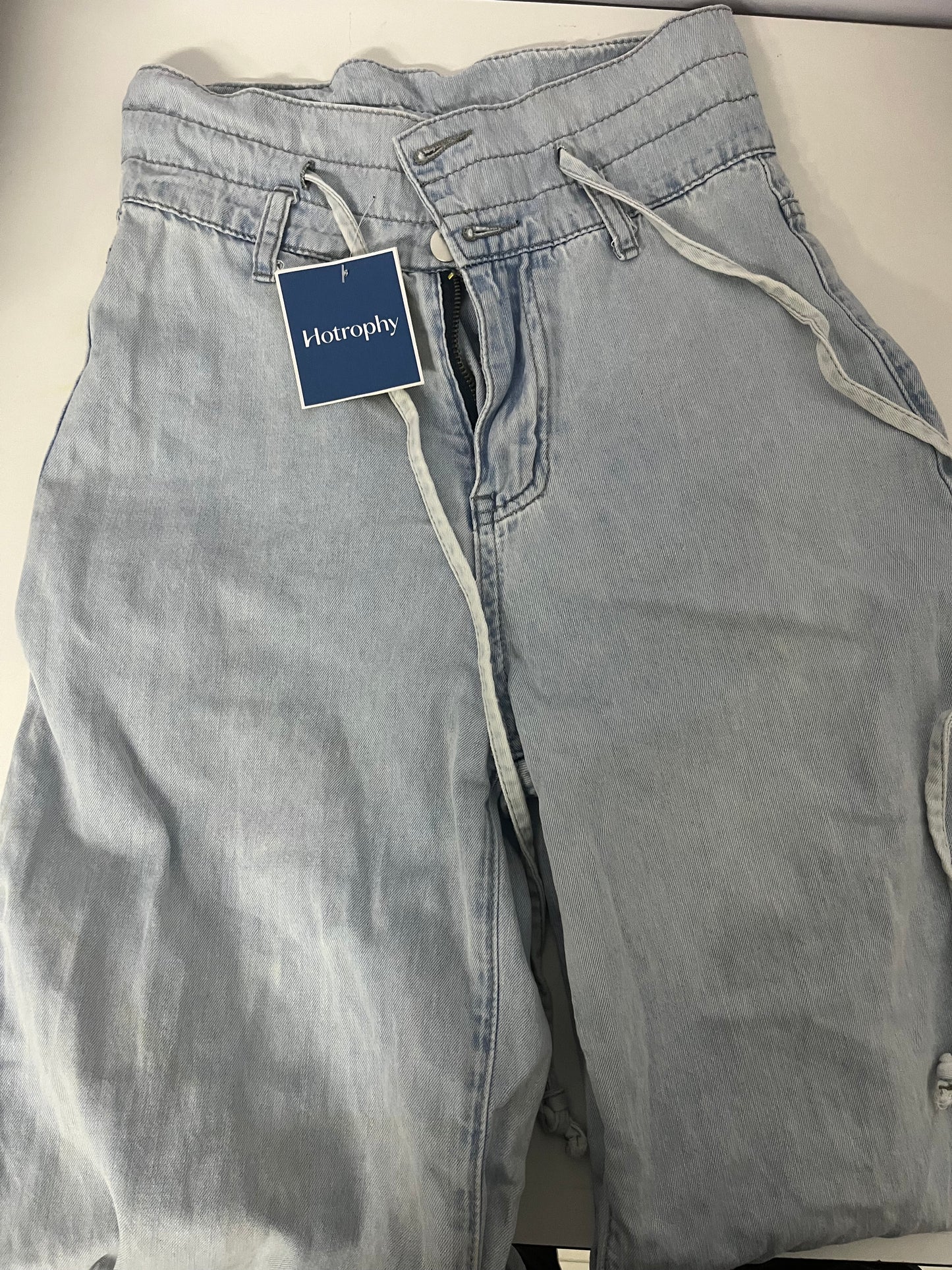 [Hotrophy Jeans]——High-Waisted Drawstring Wide-Leg Jeans - Light Blue Washed Drapey