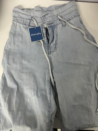 [Hotrophy Jeans]——High-Waisted Drawstring Wide-Leg Jeans - Light Blue Washed Drapey