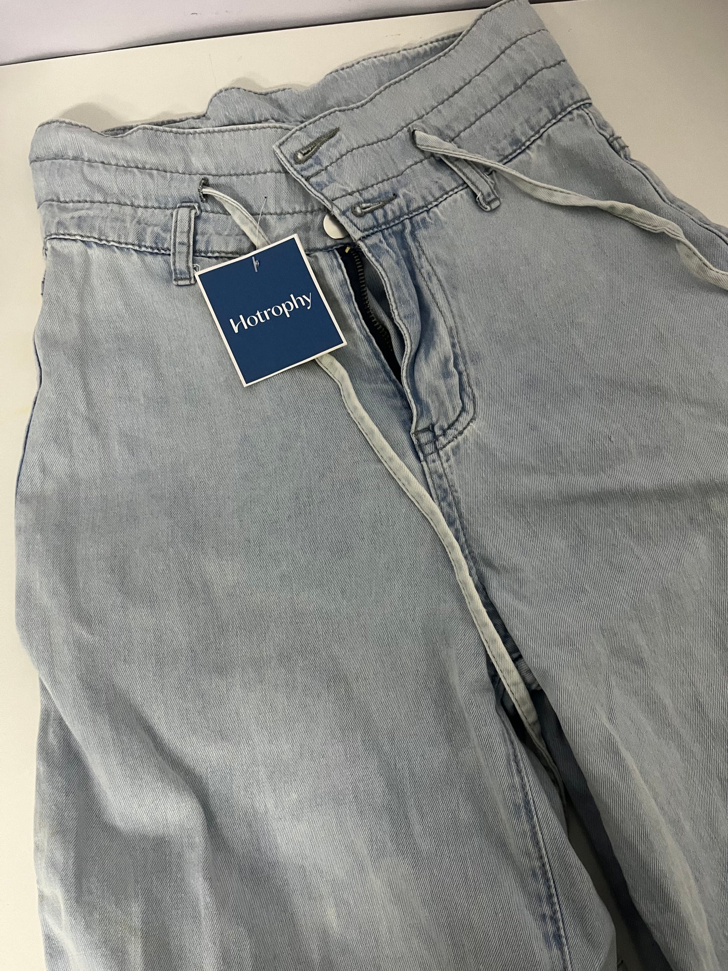 [Hotrophy Jeans]——High-Waisted Drawstring Wide-Leg Jeans - Light Blue Washed Drapey