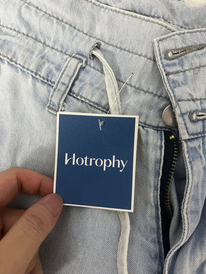 [Hotrophy Jeans]——High-Waisted Drawstring Wide-Leg Jeans - Light Blue Washed Drapey