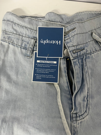 [Hotrophy Jeans]——High-Waisted Drawstring Wide-Leg Jeans - Light Blue Washed Drapey