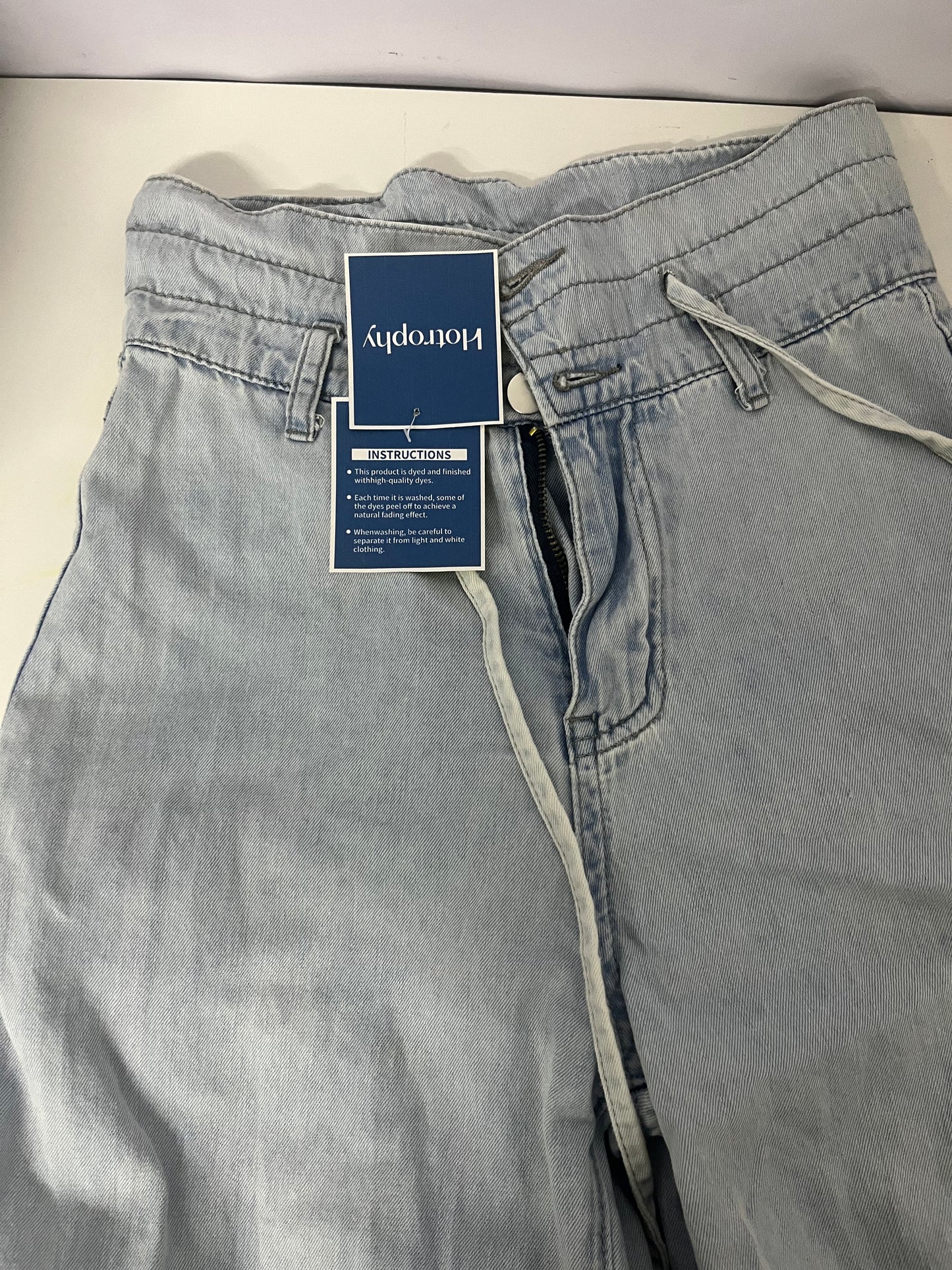 [Hotrophy Jeans]——High-Waisted Drawstring Wide-Leg Jeans - Light Blue Washed Drapey
