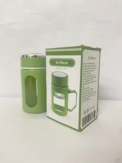 kivibear Drinking cups Coated Small Glass Water Bottle with leak-proof Lid,Lightweight and portable for walking travel sport(Light Green)