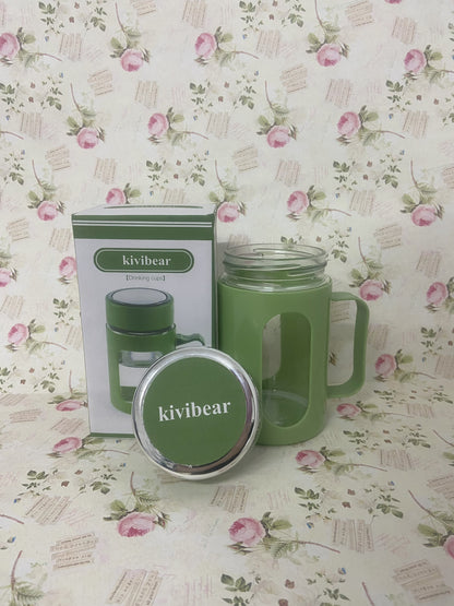 kivibear Drinking cups Coated Small Glass Water Bottle with leak-proof Lid,Lightweight and portable for walking travel sport(Light Green)