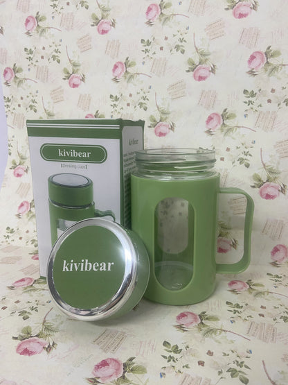 kivibear Drinking cups Coated Small Glass Water Bottle with leak-proof Lid,Lightweight and portable for walking travel sport(Light Green)