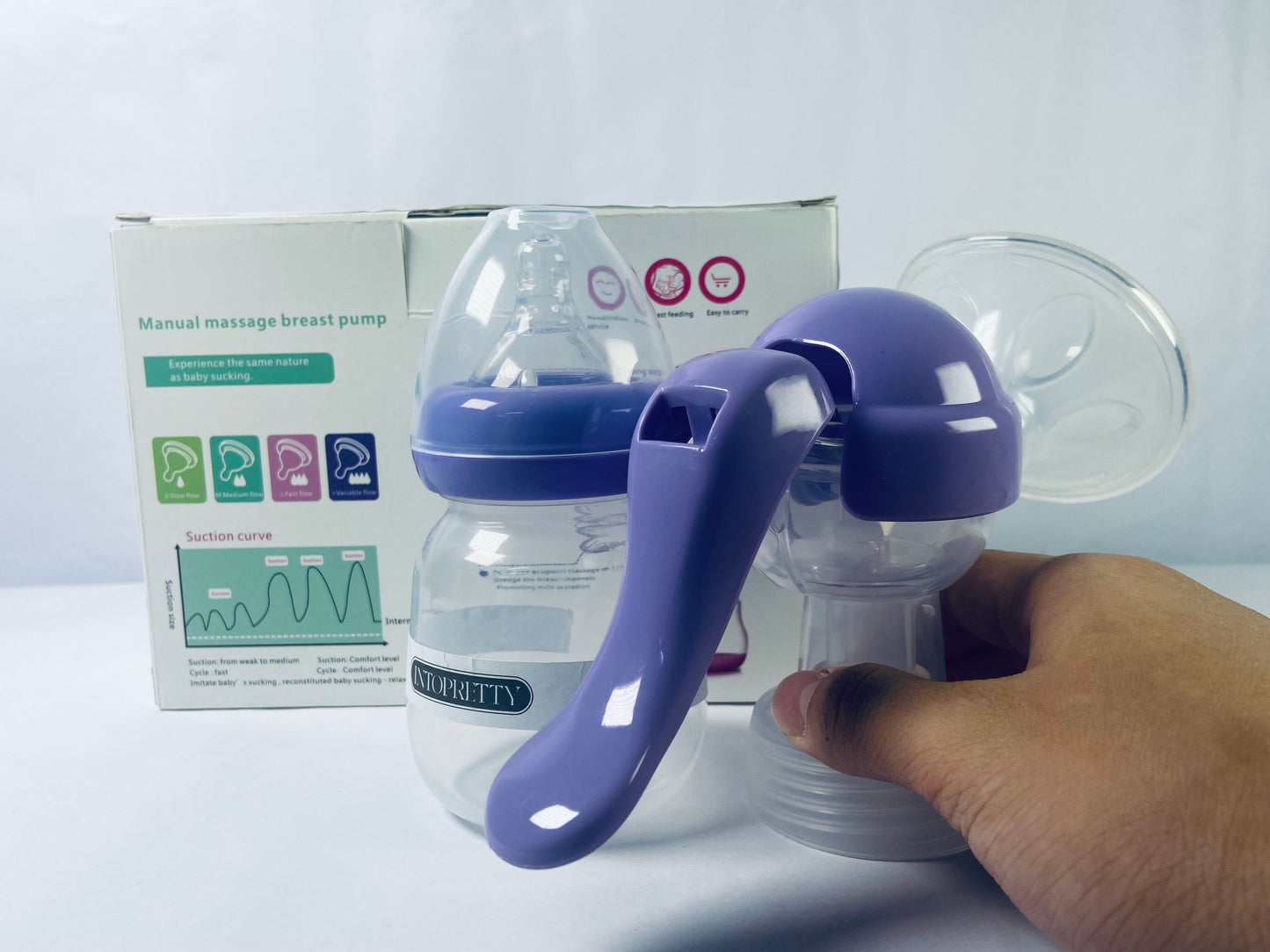 INTOPRETTY Manual Breast Pump, Hand Pump with Comfortable Flange, Includes 5oz Baby Bottle with Slow Flow Nipple, Breastfeeding Essentials