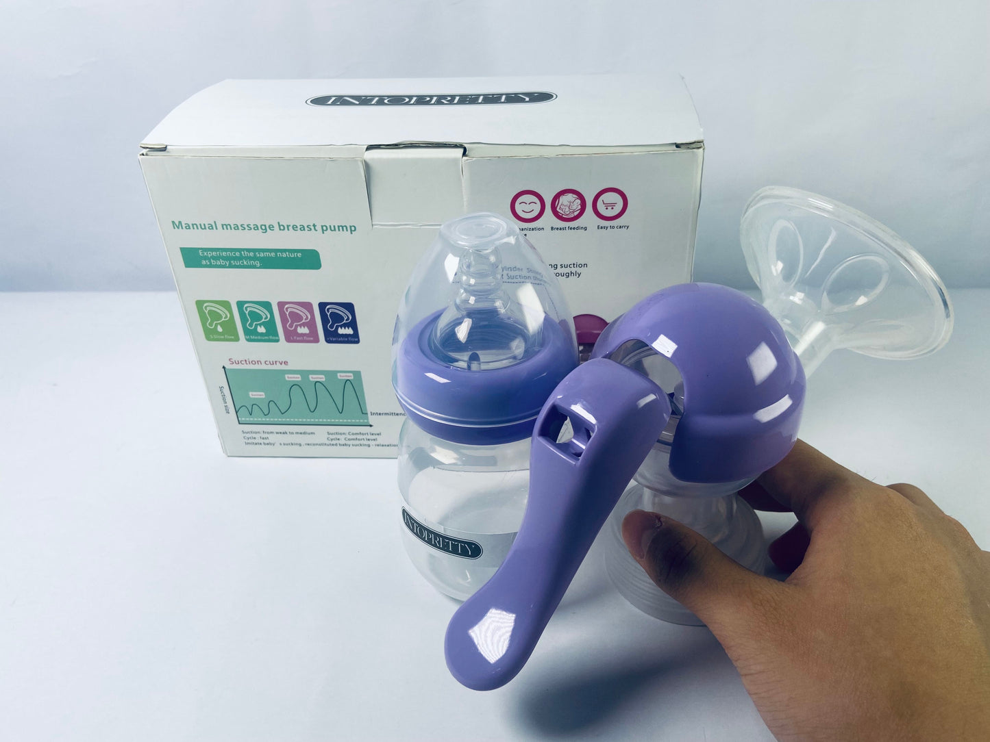 INTOPRETTY Manual Breast Pump, Hand Pump with Comfortable Flange, Includes 5oz Baby Bottle with Slow Flow Nipple, Breastfeeding Essentials