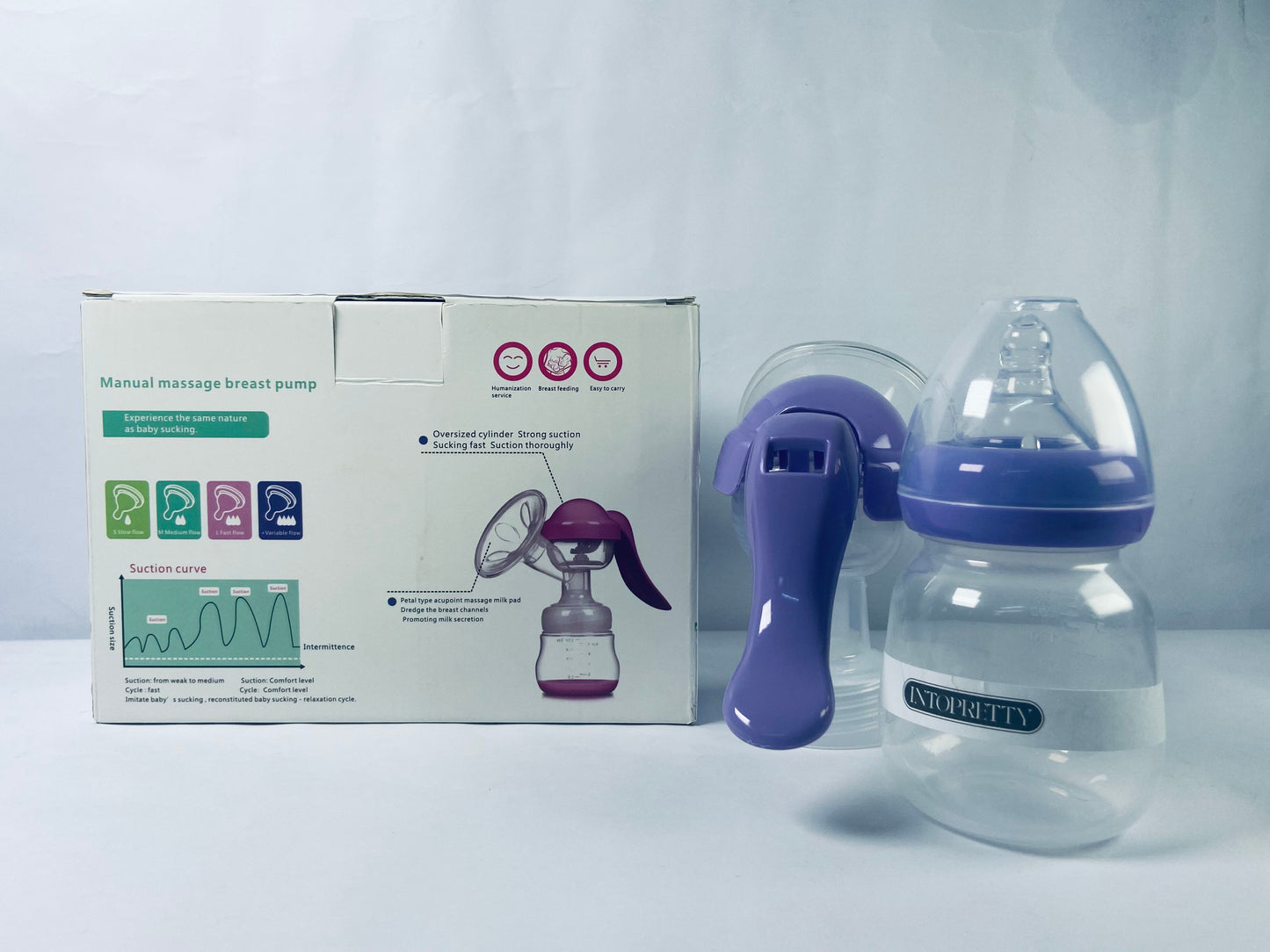 INTOPRETTY Manual Breast Pump, Hand Pump with Comfortable Flange, Includes 5oz Baby Bottle with Slow Flow Nipple, Breastfeeding Essentials