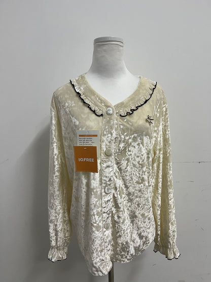 IQFREE Coats Light Yellow Velvet Lace Blouse Retro & Sweet Atmosphere Outfit Item