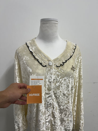 IQFREE Coats Light Yellow Velvet Lace Blouse Retro & Sweet Atmosphere Outfit Item