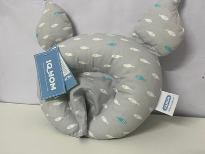 IQHOM Baby Headrest Pillow: Soft Gray Fish-Print U-Shaped Pillow with Breathable Fabric – Gentle Neck & Head Support for Infants in Cribs/Strollers