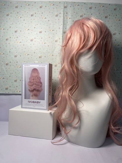 IVOBABY 80cm Long Curly Natural Hair Cosplay Wig with Bangs Colorful Halloween Costume Party Wigs for Women (Pink)