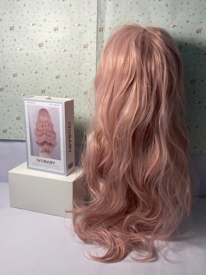 IVOBABY 80cm Long Curly Natural Hair Cosplay Wig with Bangs Colorful Halloween Costume Party Wigs for Women (Pink)
