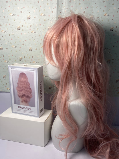 IVOBABY 80cm Long Curly Natural Hair Cosplay Wig with Bangs Colorful Halloween Costume Party Wigs for Women (Pink)