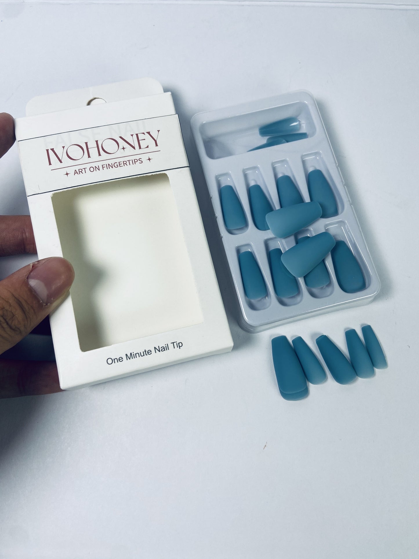 IVOHONEY Press on Nails Medium, Blue Almond Matte Handmade Fake Nails Reusable, Fit Perfectly Glue On Nails in 12 Sizes - 24 Pcs Soft Gel Almond Nails Kit for Women Girls, Easy for Home DIY Manicure