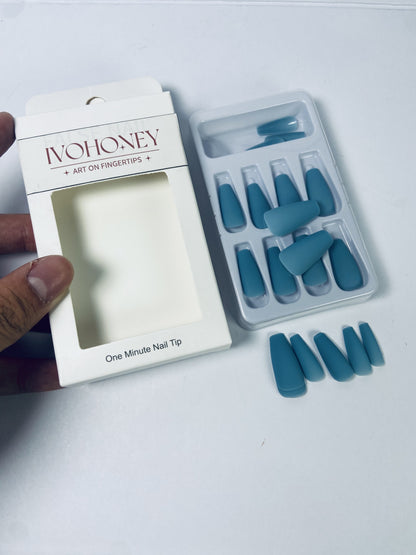 IVOHONEY Press on Nails Medium, Blue Almond Matte Handmade Fake Nails Reusable, Fit Perfectly Glue On Nails in 12 Sizes - 24 Pcs Soft Gel Almond Nails Kit for Women Girls, Easy for Home DIY Manicure