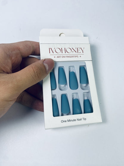 IVOHONEY Press on Nails Medium, Blue Almond Matte Handmade Fake Nails Reusable, Fit Perfectly Glue On Nails in 12 Sizes - 24 Pcs Soft Gel Almond Nails Kit for Women Girls, Easy for Home DIY Manicure