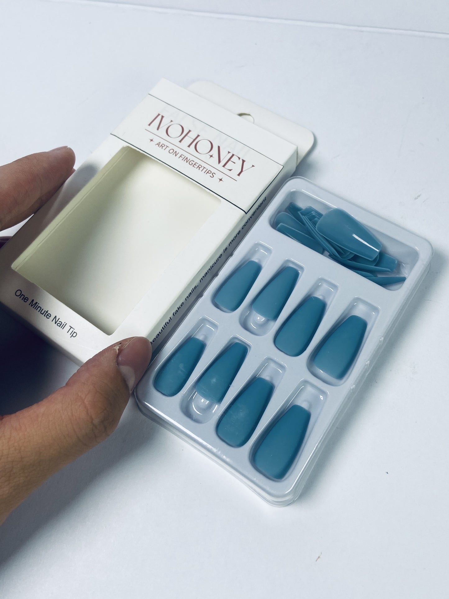 IVOHONEY Press on Nails Medium, Blue Almond Matte Handmade Fake Nails Reusable, Fit Perfectly Glue On Nails in 12 Sizes - 24 Pcs Soft Gel Almond Nails Kit for Women Girls, Easy for Home DIY Manicure