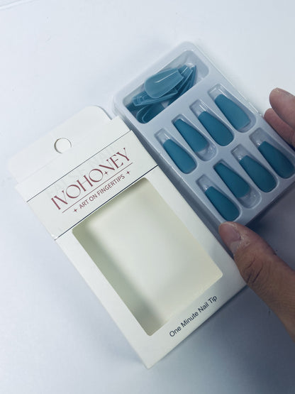 IVOHONEY Press on Nails Medium, Blue Almond Matte Handmade Fake Nails Reusable, Fit Perfectly Glue On Nails in 12 Sizes - 24 Pcs Soft Gel Almond Nails Kit for Women Girls, Easy for Home DIY Manicure