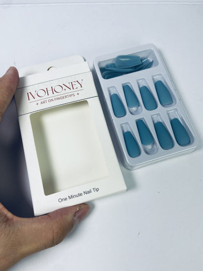 IVOHONEY Press on Nails Medium, Blue Almond Matte Handmade Fake Nails Reusable, Fit Perfectly Glue On Nails in 12 Sizes - 24 Pcs Soft Gel Almond Nails Kit for Women Girls, Easy for Home DIY Manicure