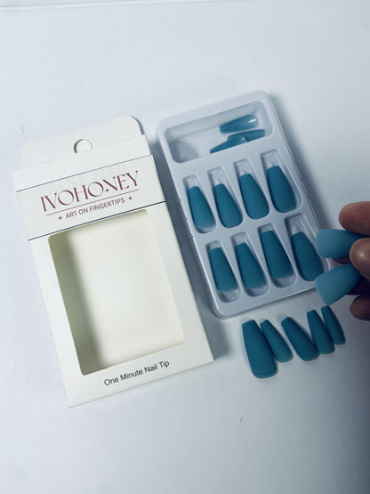 IVOHONEY Press on Nails Medium, Blue Almond Matte Handmade Fake Nails Reusable, Fit Perfectly Glue On Nails in 12 Sizes - 24 Pcs Soft Gel Almond Nails Kit for Women Girls, Easy for Home DIY Manicure