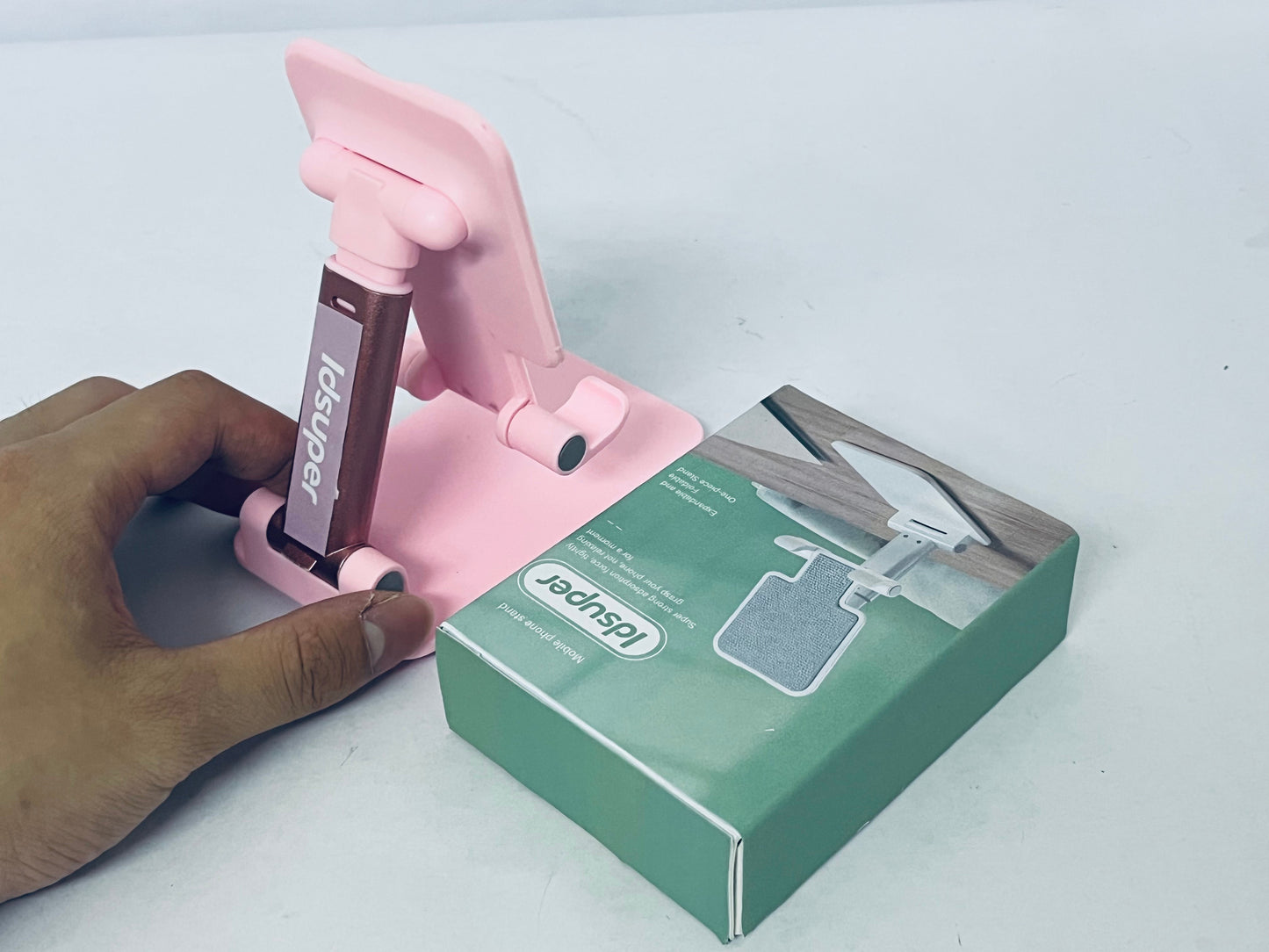 Idsuper Phone Stand, Angle Height Adjustable Cell Phone Holder with Silicon Pad for Desk Fully Forldable Mobile Phone Holder Compatible with All Mobile Phones,  (Pink)
