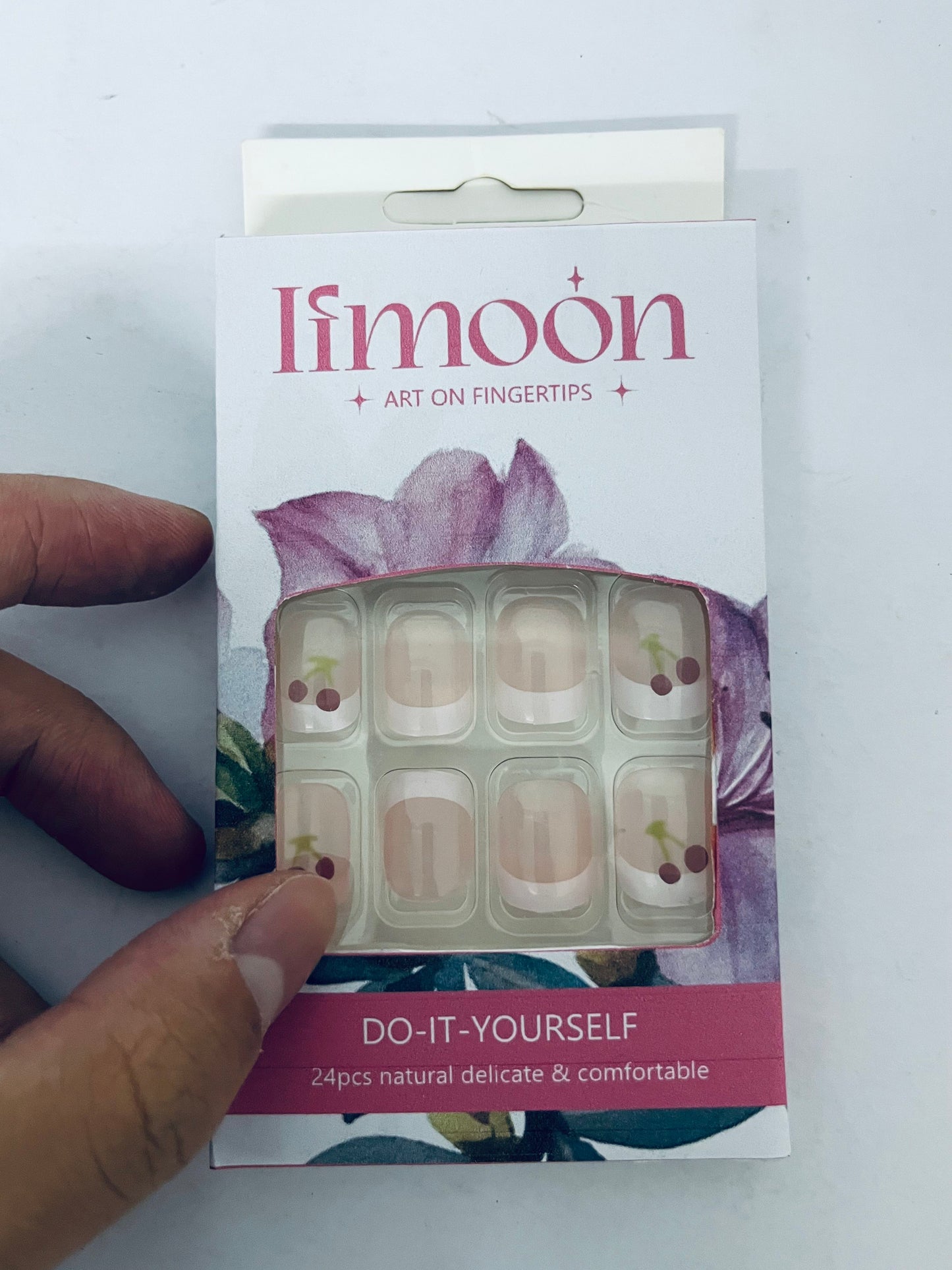 Ifmoon Cherry French False Nails 24pcs, Natural Delicate DIY Nail Art, Comfortable Wearable Nail Tips