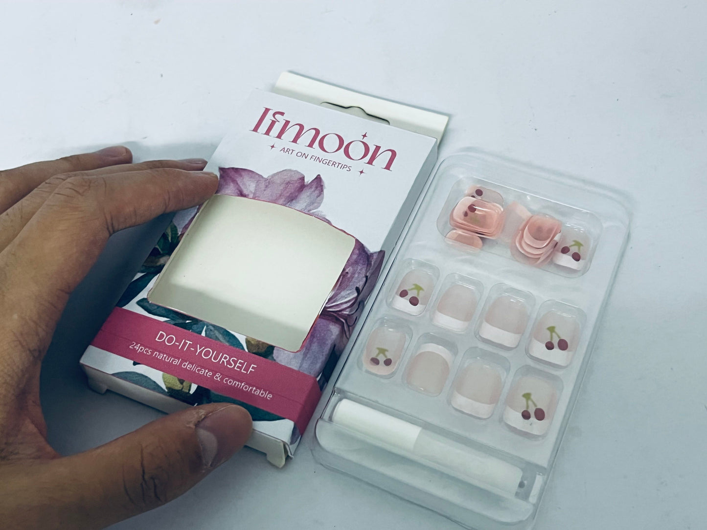 Ifmoon Cherry French False Nails 24pcs, Natural Delicate DIY Nail Art, Comfortable Wearable Nail Tips