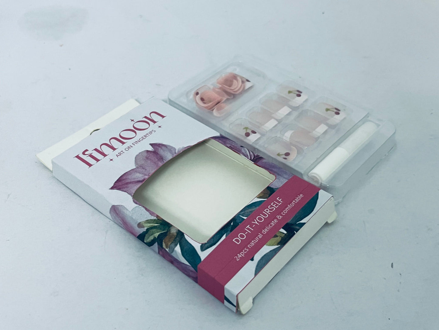 Ifmoon Cherry French False Nails 24pcs, Natural Delicate DIY Nail Art, Comfortable Wearable Nail Tips