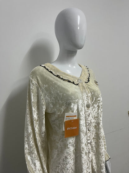 [IFrontier Tops as clothing]-Cream Velvet Long-Sleeve Top - Retro Ruffled Atmosphere Blouse
