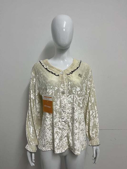 [IFrontier Tops as clothing]-Cream Velvet Long-Sleeve Top - Retro Ruffled Atmosphere Blouse