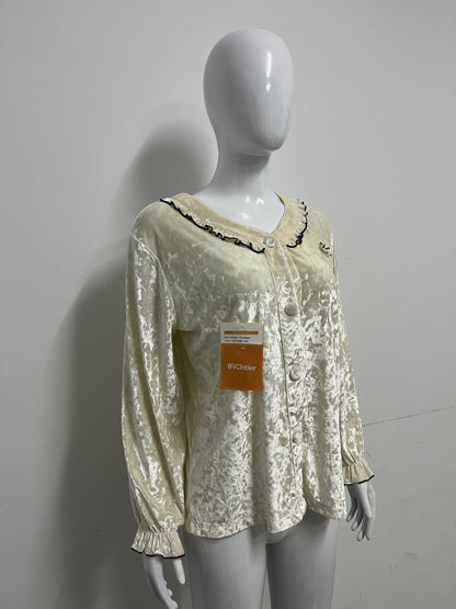 [IFrontier Tops as clothing]-Cream Velvet Long-Sleeve Top - Retro Ruffled Atmosphere Blouse