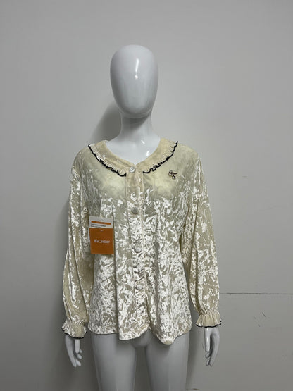 [IFrontier Tops as clothing]-Cream Velvet Long-Sleeve Top - Retro Ruffled Atmosphere Blouse