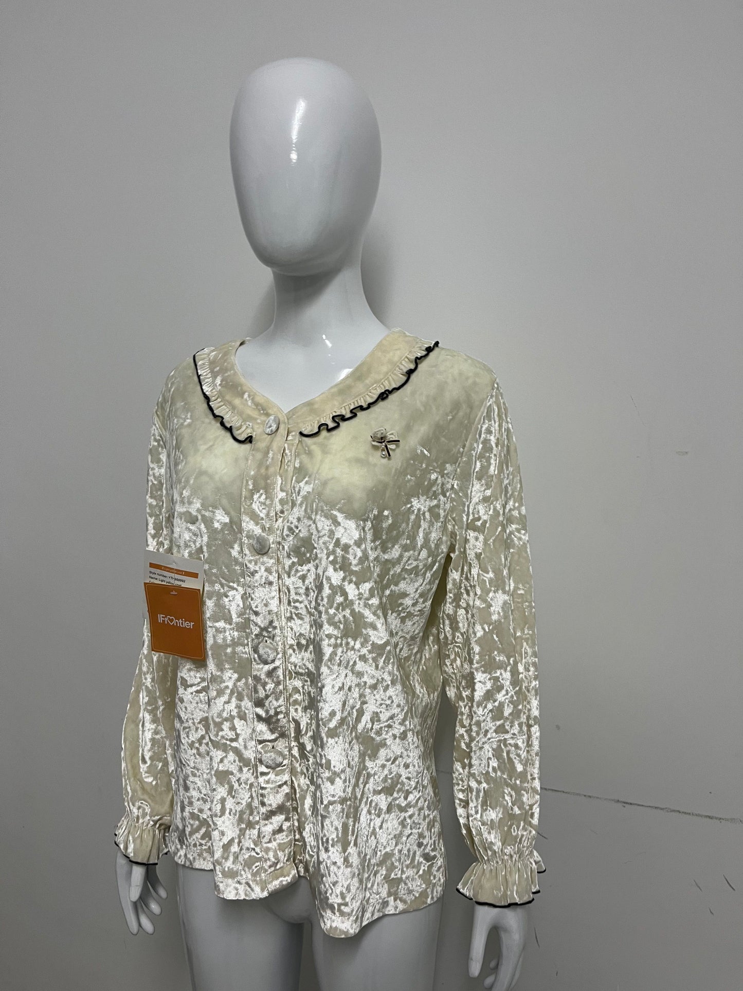 [IFrontier Tops as clothing]-Cream Velvet Long-Sleeve Top - Retro Ruffled Atmosphere Blouse