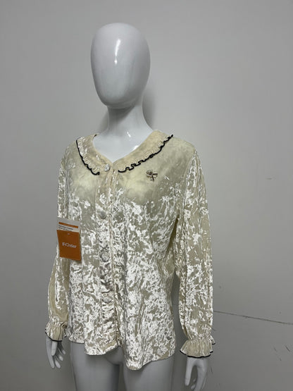 [IFrontier Tops as clothing]-Cream Velvet Long-Sleeve Top - Retro Ruffled Atmosphere Blouse